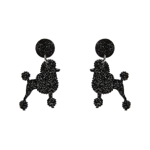 Poodle Glitter Post Drop Earrings - Black