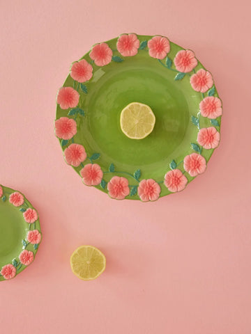 Ceramic Dinner Plate with Embossed Flower Design - Green