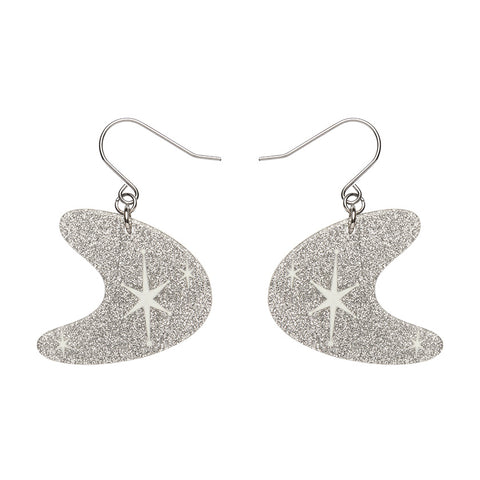 Atomic Boomerang Glitter Drop Earrings - Silver