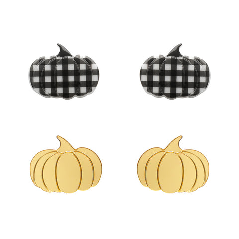 Pumpkin Patch Stud Earrings Set - Gold & Black Gingham