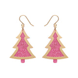 Pink Christmas Tree Drop Earrings - Gold