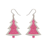 Pink Christmas Tree Drop Earrings - Silver