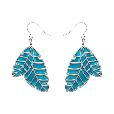Leaf Textured Emerald Resin Drop Earrings - Silver