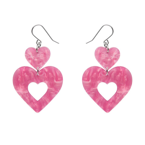 Double Heart Ripple Drop Earrings - Pink