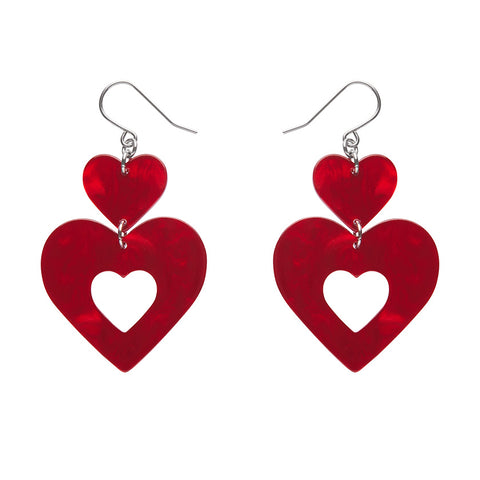 Double Heart Ripple Drop Earrings - Red