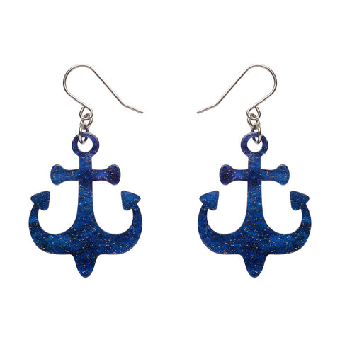 Ship Anchor Drop Earrings - Navy