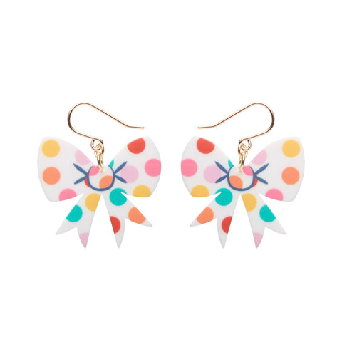 Polka Dot Bow Drop Earrings – White
