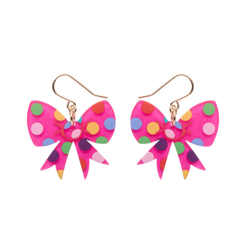 Polka Dot Bow Drop Earrings – Pink