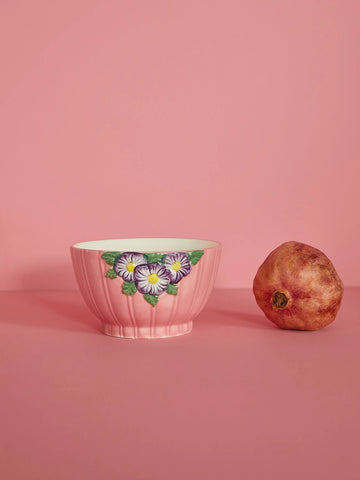 Ceramic Bowl with Embossed Flower Design - Pink