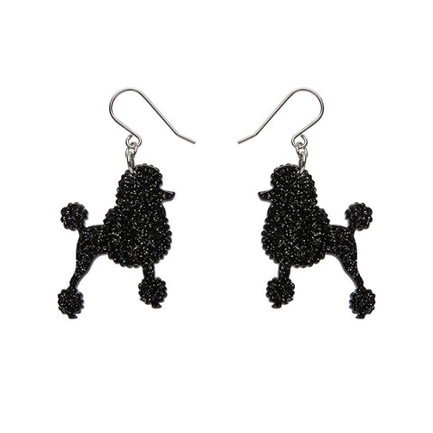 Poodle Glitter Hook Drop Earrings - Black
